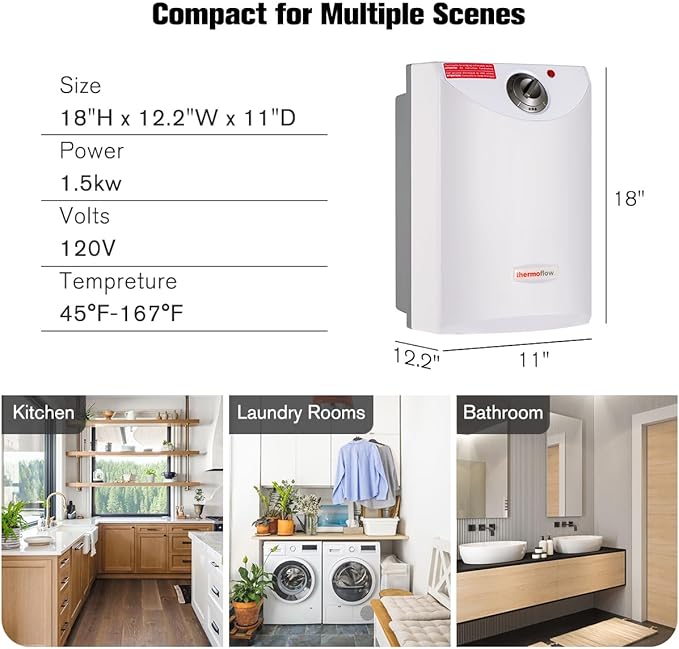 Thermoflow Electric Mini Tank Water Heater, 4.0 Gallon 120V Corded Under Sink Small Hot Water Heater for Point of Use Instant Hot Water