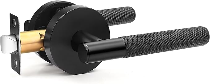Black Matte Door Handles Interior No Lock, Passage Door Levers for Hallway & Closet, Modern Knurled Round Reversible Handle, 1 Pack
