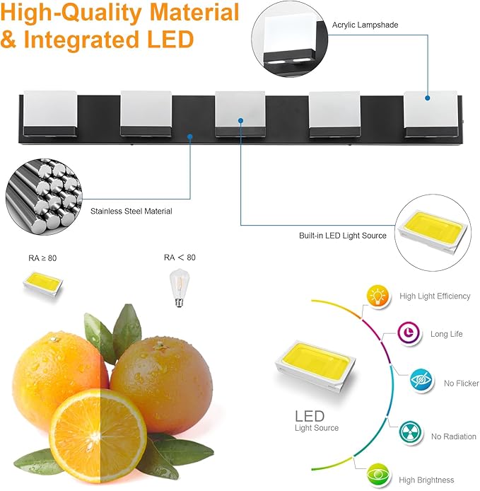 SineRise LED Modern Bathroom Vanity Light Fixtures (5-Light, 40-Inch, 5CCT), Matte Black Modern Acrylic Bathroom Wall Lighting Fixtures Over Mirror (3000K/3500K/4000K/5000K/6000K)