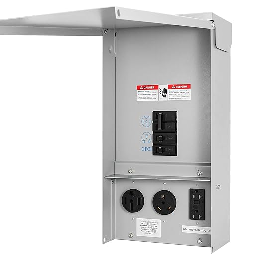 RV Electrical Outlet Panel with Breaker Temporary Power Outlet Panel RV Circuit Breaker Box with 20,30,50-Amp Receptacle Installed Weatherproof RV Power Outlet Box