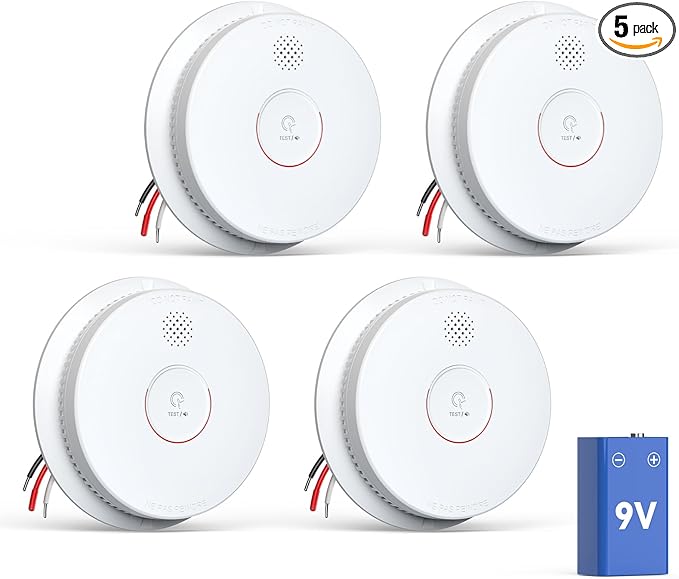 Jemay Smoke Detector, Photoelectric Smoke Alarm with 9V Backup Battery, Hardwired Interconnected Smoke Detector, Fire Alarm with Test/Silence Button for Home, 4 Packs