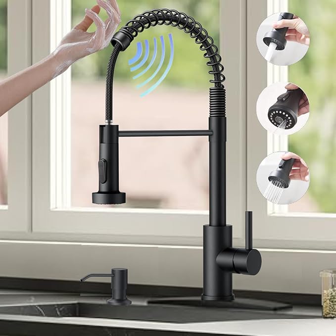 Smart Touch On Kitchen Faucet, 3 Modes Pull Down Sprayer, Touch On Sensor Activated, 360-Degree Rotation, Ceramic Disc Valve, 1 or 3 Hole Deck Plate. 10-Year Warranty. (KW-62R, Matt Black)