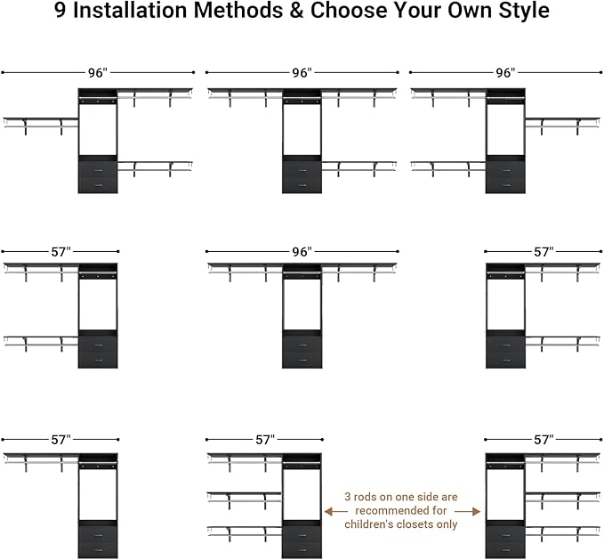 Cyclysio 8 FT Closet System, 96 Inch Closet Organizer with Drawers, Closet Organizers and Storage with 4 Closet Rod and 3 Shelving Towers, Walk-in Closet System for 4-8FT Spaces(Cut-to-Fit), Black