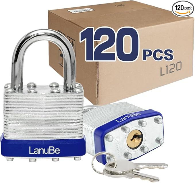 LanuBe Lock Laminated keyed Padlock (1-9/16", 40mm), keyed Alike Locks, Normal Shackle, Marked Blue Plastic Hoop, Pack of 120