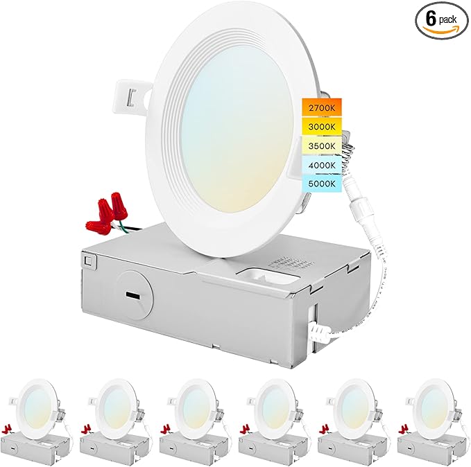 LUXRITE 4 Inch Ultra Thin LED Recessed Lighting, 10.5W, 5 Color Selectable 2700K | 3000K | 3500K | 4000K | 5000K, CRI 90, 750 Lumens, Dimmable LED Wafer Lights, Wet Rated, Baffle Trim (6 Pack)