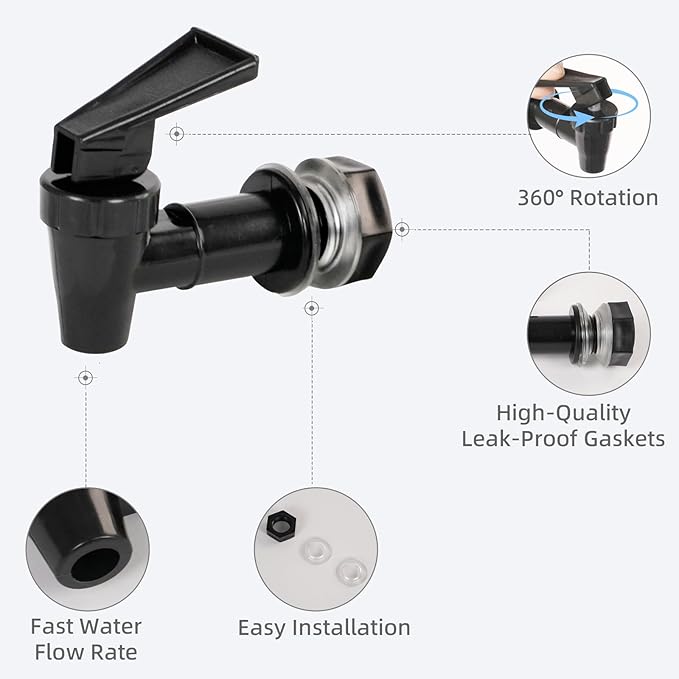 4 PCS Replacement Cooler Faucet Spigot, Leakproof Plastic Tap Set for Beverage Dispensers, Water Coolers & Jug, Black Multi-Use Water Spigot