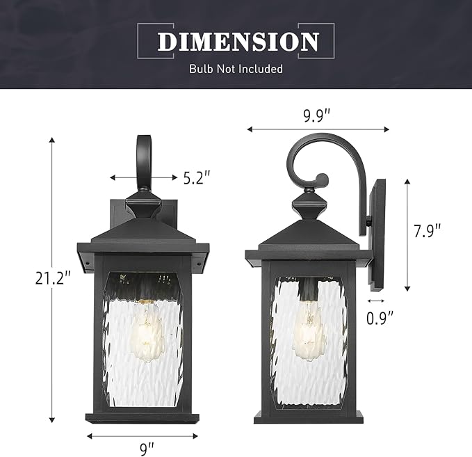 zeyu 21.2 Inch Outdoor Wall Fixture, Large Outdoor Sconce Lights for Patio Garage, Die-Cast Aluminum with Water Ripple Glass, Black Finish, ZD99B-M BK-WP
