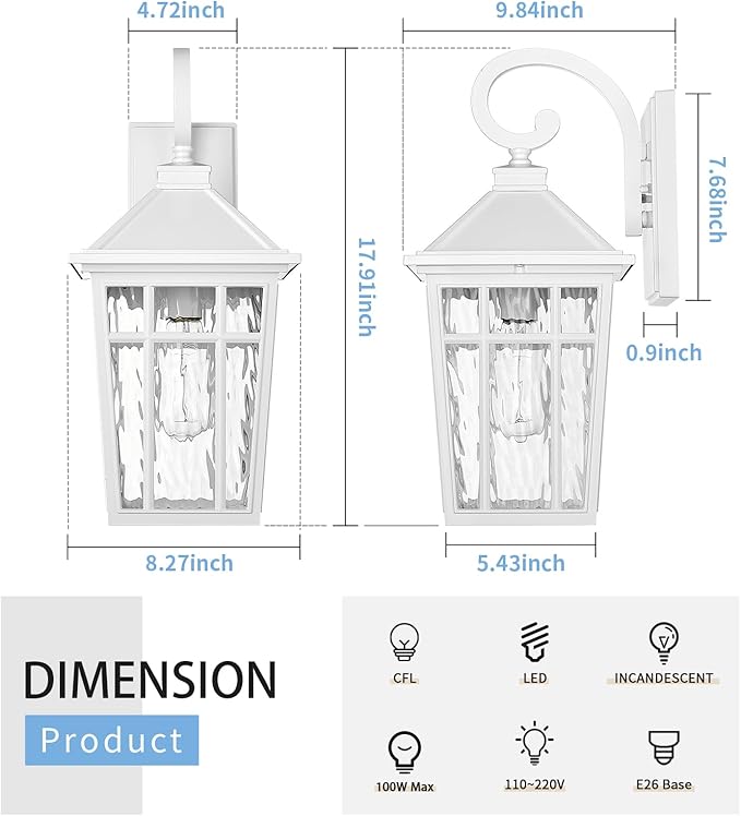Darkaway 2pcs Large Outdoor Wall Lights for House, 18inch Exterior Lighting Fixtures Wall Mount White Outside Wall Sconce with Water Ripple Glass for Porch Patio Front Door