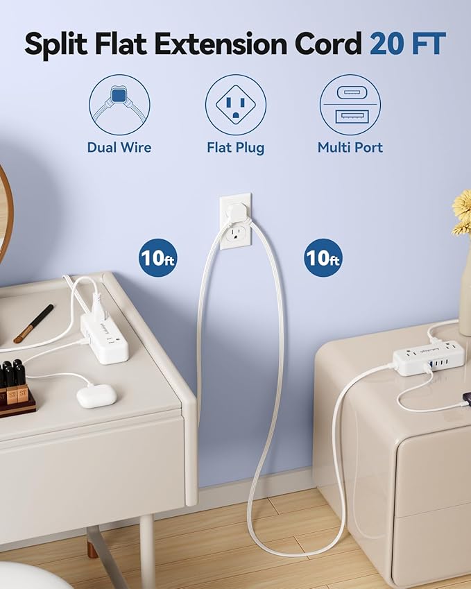 Split Extension Cord 20FT (10FT on Each Side), Single Flat Plug Twin Extension Cord with 4 AC Outlets, 2 USB-A & 3 USB-C(24W/4.8A), Nightstand Charging Station for Bedroom Dorm Room Home, His and Hers