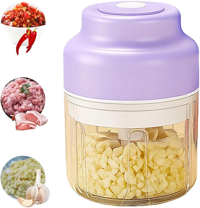 Electric Garlic Chopper, 2025 New Mini Portable Veggie Chopper, Garlic Grinder Masher Rechargeable, Wireless Food Processor for Ginger, Chili, Fruit, Meat (Purple, 250ML)
