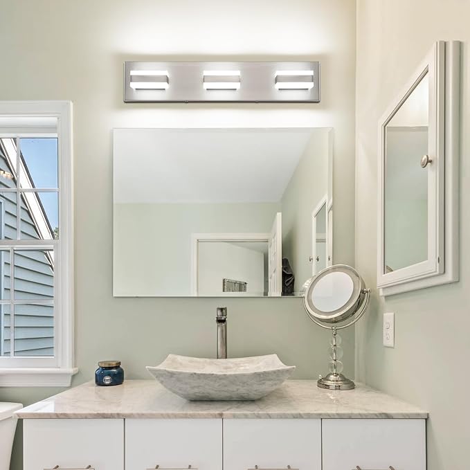SOLFART Bathroom Vanity Lights Over Mirror Brushed Nickel Bathroom Light Fixture 3 Light Led Lights for Bathrooms Vanity Lights for Bath Nickel