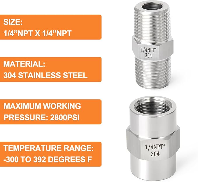 GASHER 10PCS 304 Stainless Steel Pipe Fitting, Hex Nipple Hex Coupling, 1/4" x 1/4" NPT Male Thread Pipe, 1/4Inch x 1/4Inch NPT Female Thread Pipe