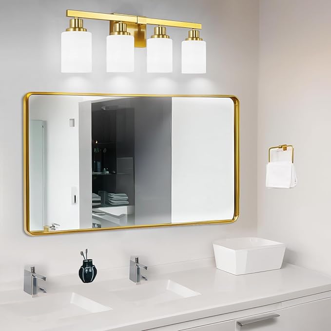 4-Light Gold Vanity Light, Modern Gold Bathroom Light Fixtures Over Mirror with Milky White Glass Shade, Bath Wall Mount Lights Wall Lamp for Mirror Bedroom, Living Room Hallway Kitchen
