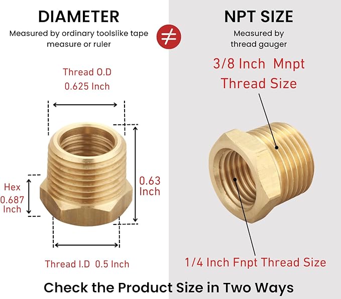 3/8 Inch Male x 1/4 Inch Female Reducing Adapter, NPT Brass Hex Bushing, Hex Head Pipe Fitting, Thread 0.625" OD × 0.5" ID, (Pack of 10)