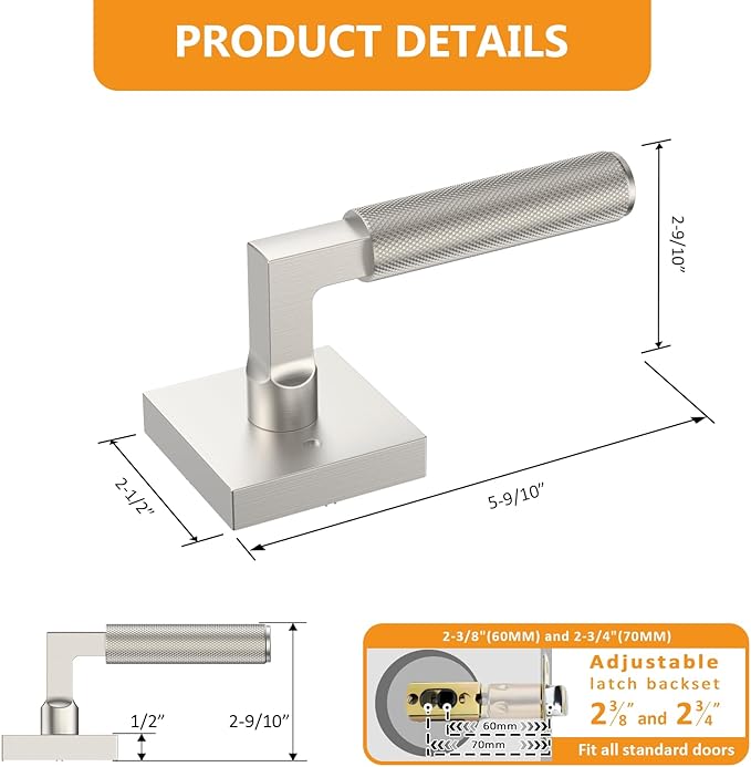 Amerdeco 3 Pack Privacy Door Handles, Brushed Satin Nickel Interior, Knurled Lever, Heavy Duty for Bedroom and Bathroom, Reversible Keyless for Right & Left Side AM0021