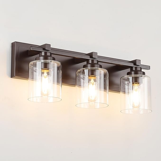 3 Light Modern Bathroom Light Fixtures Over Mirror, Bronze Finish Vanity Lights for Bathroom Wall Sconces with Clear Glass Shades, E26 Socket (Bulbs Not Included)
