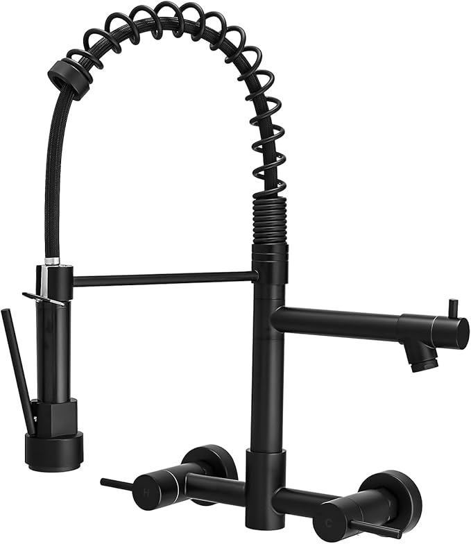 AIMADI Black Wall Mount Kitchen Faucet with Pull Down Sprayer Pot Filler | Matte Black Commercial Style Dual Handle Sink Faucet Spring Design for Kitchen
