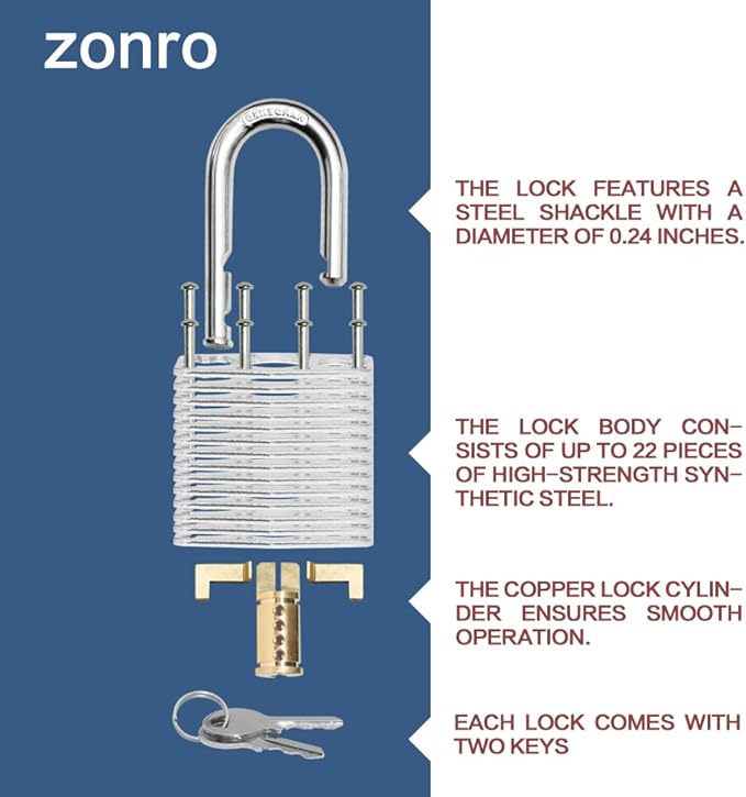 ZonRo Locks Laminated Steel Keyed Padlocks,Keyed Alike Locks, 1-9/16 inch Wide,Normal Shackle Padlocks, Pack of 12，Blue Hoop, for Hasp Latch, Sheds, Fences, Storage Locker, School, Gym…