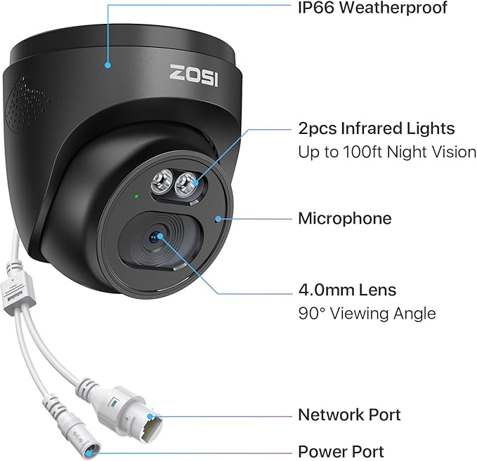 ZOSI C220 4Pack 4MP 2.5K QHD Add-On PoE IP Camera Outdoor, 1440p Surveillance Outdoor Camera to Home Security System, Only Work with ZOSI PoE NVR, 100ft Night Vision, AI Human Detection, One-Way Audio