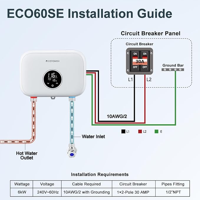 Tankless Water Heater Electric, ECOTOUCH 6kW 240V Point of Use Water Heater on Demand Water Heaters Instant Hot Water Heaters ETL Certificated Self-modulation ECO60SE White