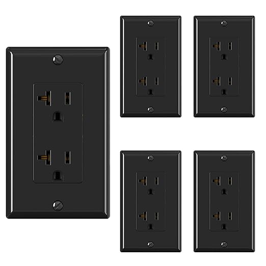 ELEGRP Glossy Black Decorator Electrical Wall Outlet Receptacle, 20A 125V Standard Outlets, 2 Pole 3 Wire, Non-Tamper Resistant, NEMA 5-20R, Self-Grounding, Wall Plate Included, UL Listed, 5 Pack