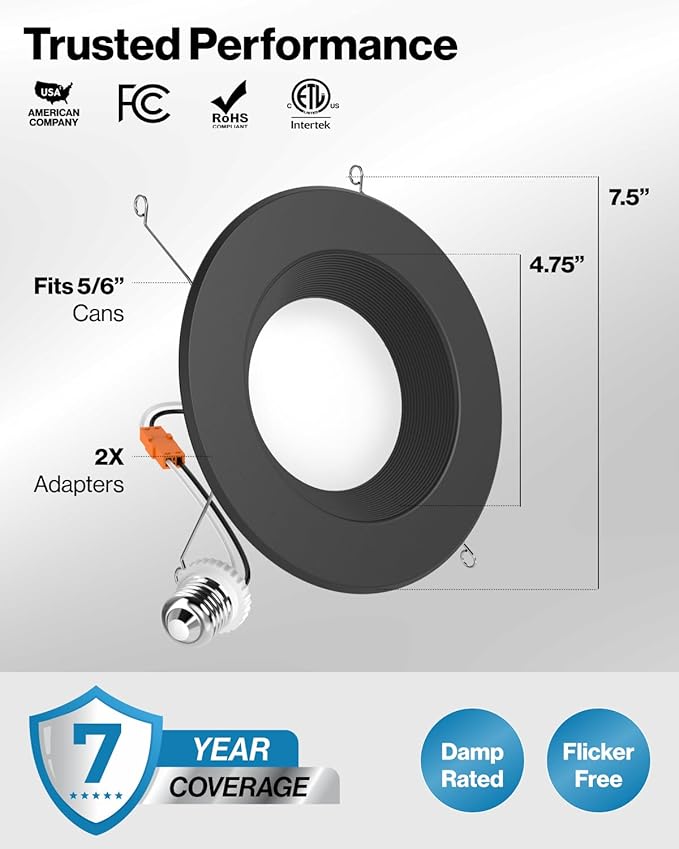 Sunco 24 Pack 5CCT Black LED Recessed Lighting 6 Inch, 2700K/3000K/3500K/4000K/5000K Selectable, Dimmable Can Lights, Baffle Trim, 13W=120W, 965 LM, Damp Rated, Retrofit Installation - UL Listed.