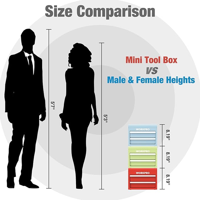 WORKPRO Mini Metal Tool Box with 2 Drawers and Top Storage, Small Tool Chest with PVC Liners and PP Feet Pads, Cold Rolled Steel Toolbox with Magnetic Tab