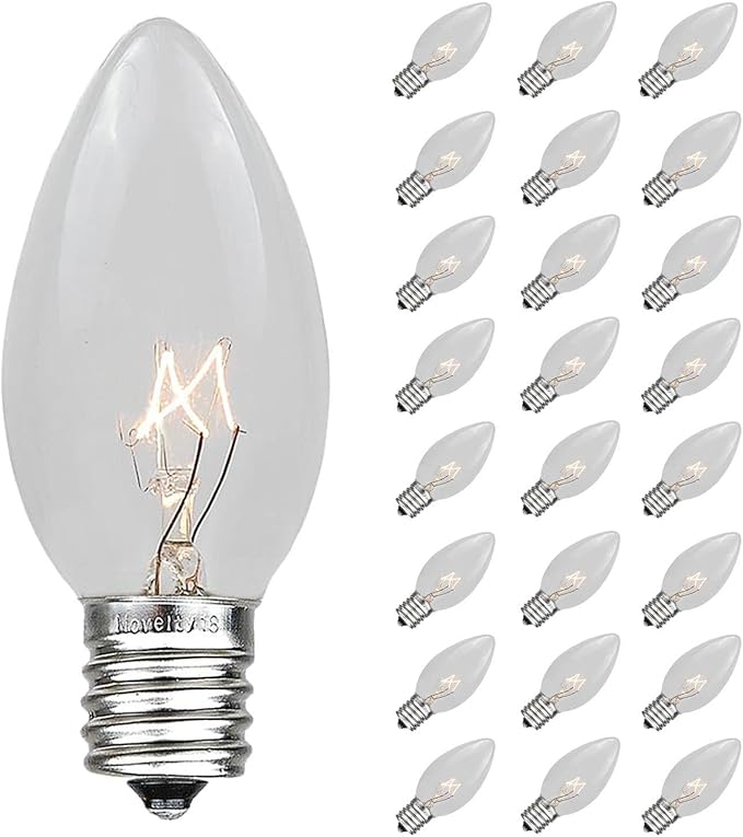 Novelty Lights Incandescent Christmas Replacement Bulbs - Indoor/Outdoor Individual Bulbs for Christmas Tree, Display, & More - C9/E17 Intermediate Base, 7 Watt Lights (Clear, 25 Pack)