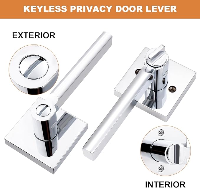 Probrico Polished Chrome Privacy Door Handle Lockset Heavy Duty Square Interior Door Lever for Bedroom or Bathroom Reversible Keyless Handleset Door Knob Slim Handed Levers, 3 Pack
