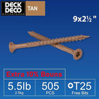 Wood Screws #9 x 2-1/2" 505pcs(Approx), Tan Ruspert Coating Exterior Deck Screws, Torx/Star Drive Flat Head,Twist Shank, Cut Tip/Thread, Bit Included, 5.5 lb/Box