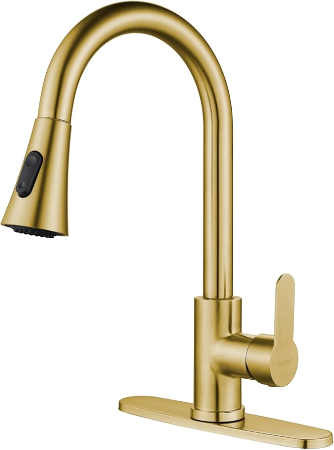 Gold Kitchen Faucet with Pull Down Sprayer Modern Stainless Steel High Arc Single Handle Kitchen Sink Faucet Brushed Gold, Commercial 1 Hole Kitchen Faucet with Deck