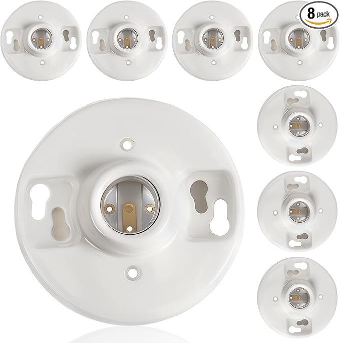 8 Pcs Medium Base E26 Lamp Holder Ceiling Light Sockets White Bulb Socket Incandescent Fluorescent CFL Lamp Holder 660w 250v (Porcelain)