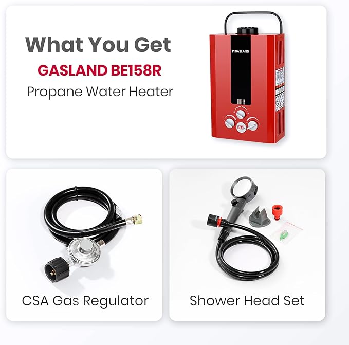 GASLAND Outdoors Tankless Water Heater Propane,1.58GPM 6L Portable Gas Water Heater, Overheating Protection, Easy to Install, for RV Cabin Barn Camping Boat, Red, BE158R