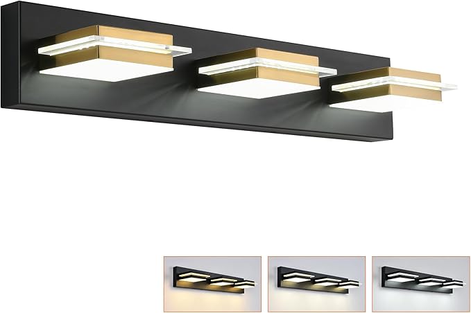Bathroom Vanity Light Fixtures 3 Lights Dimmable LED Wall Sconce with Matte Black Finish Gold Metal Lampshade White Light 3000K-6000K,3 Color