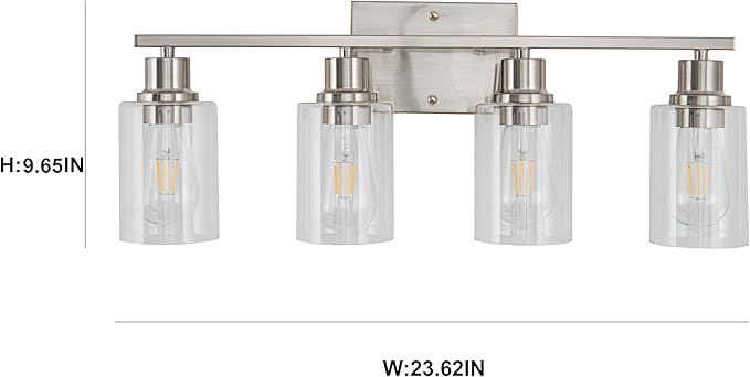 EMONG Brushed Nickel Bathroom Light Fixtures, 4-Light Vanity Lights with Clear Glass Shade, Wall Sconces for Hallway, Farmhouse, Living Room, Kitchen