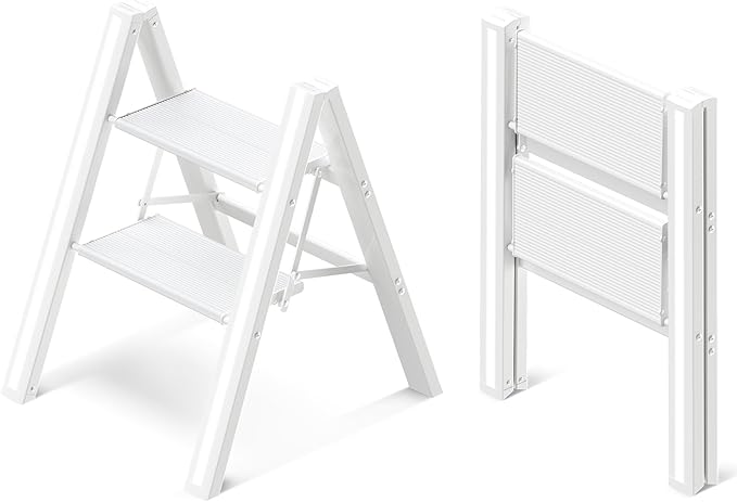 GameGem 2 Step Ladder, Aluminum Folding 2 Step Stool with Anti-Slip Sturdy and Wide Pedal, Lightweight Portable Stepladder for Home and Kitchen Use Space Saving, Cream White, 330 lbs