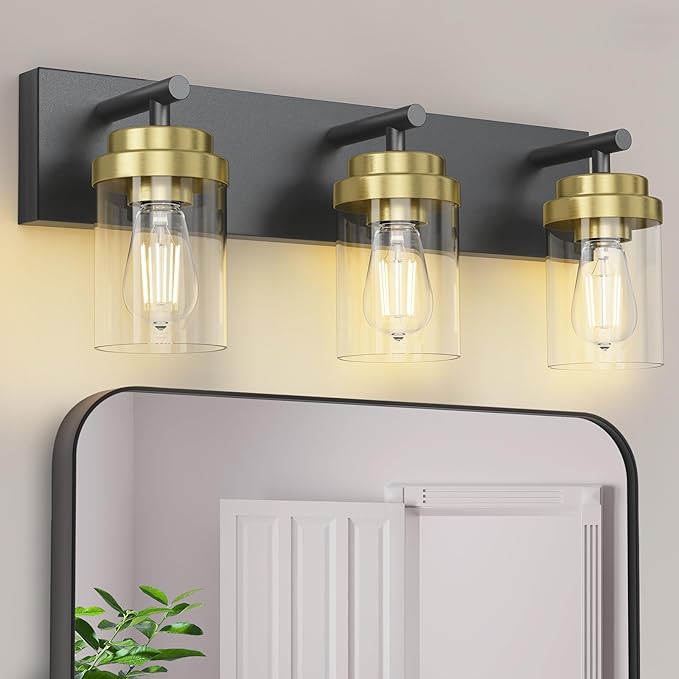IZORRO Bathroom Vanity Light Fixture, 3-Light 22 Inch Black and Gold Bathroom Light Fixtures Over Mirror, with Clear Glass Shade, Modern Farmhouse Vanity Lights, Rustic Restroom Lighting Fixtures