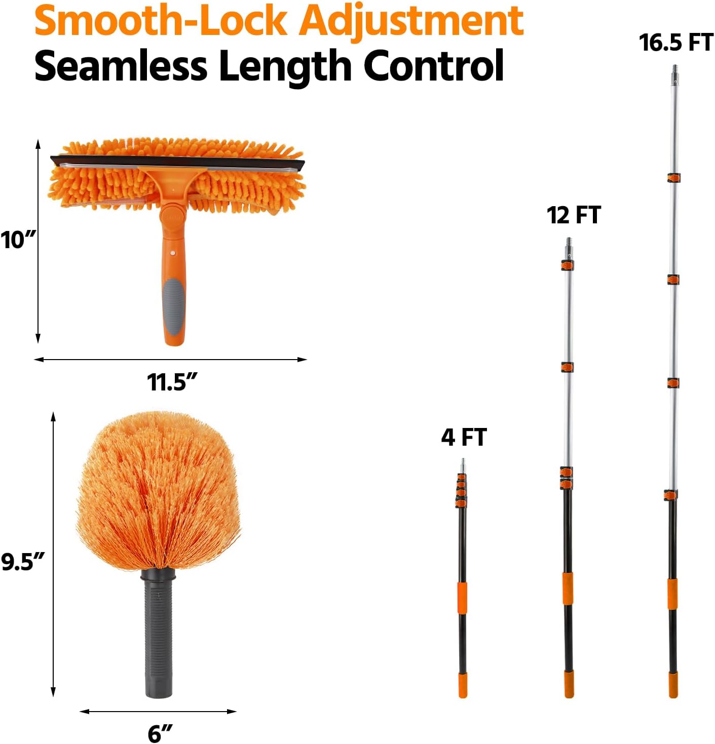 23 ft High Reach Window Squeegee & Cobweb Duster with Extension Pole, 2 in 1 Squeegee for Window Cleaning, Spider Web Brush with Lightweight 4-16.5 ft Telescoping Pole for Outdoor Indoor Car Cleaning