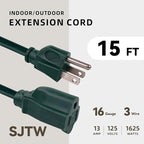 15ft Outdoor Extension Cord for Christmas Decorations - 16/3 Heavy Duty SJTW Waterproof Green Electrical Cable with 3 Prong Grounded Plug for Safety, Great for Lawn and Major Appliances
