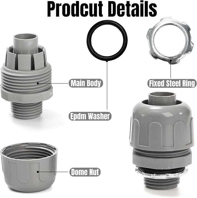 30 Pcs Conduit Connectors, 1/2 Inch PVC Electrical Liquid Tight Connector, 180 Degree Straight NPT Non-Metallic Fitting for Home Kitchen Bathroom Outdoor Tubes Tools Supplies, Grey