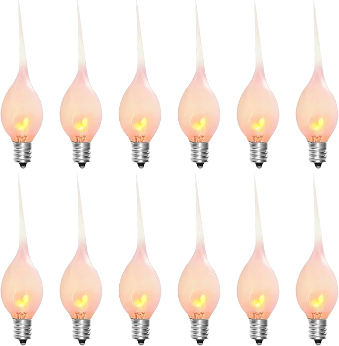 Silicone Dipped Candle Light Bulbs C7 Flickering Flame Bulb E12 Base, Shatterproof Silicone Christmas Light Bulbs for Candle Lamps Electric Window Candles Chandelier Decor, 12 Pack, 1W
