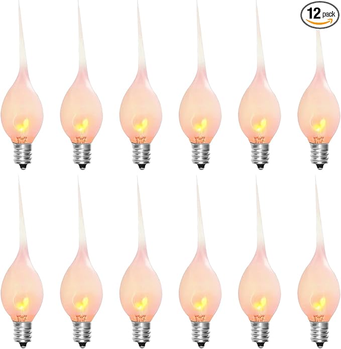 12 Pack Flicker Flame Silicone Candle Lights Bulbs, C7 Clear Silicone Flickering Halloween Decorations Lights Replacement Bulbs for Electric Candle Lamps, Chandelier, E12 Candelabra Base, 1 Watt