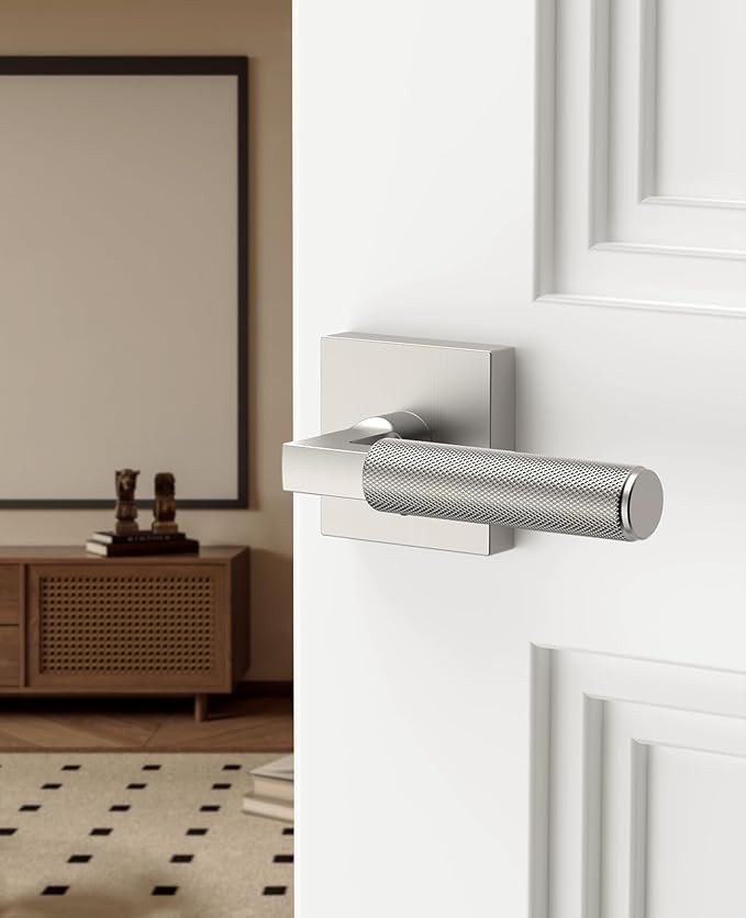 Asidrama 1 Pack Brushed Nickel Privacy Door Handles, Door Lever with Door Knobs Indoor for Bedroom or Bathroom, Heavy Duty Door Handles Interior with Locks for Left Right Sided Doors