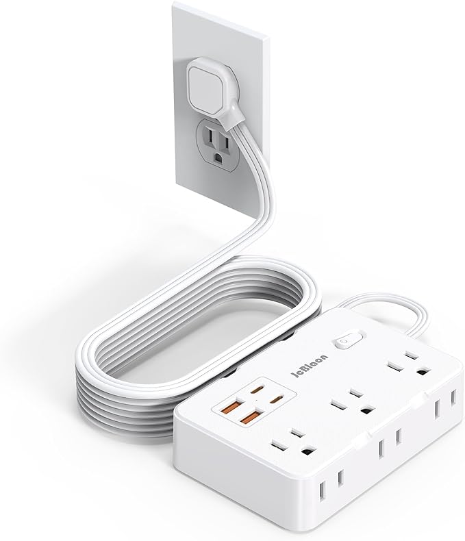 Flat Plug Power Strip Surge Protector, 5ft Ultra Thin Extension Cord with 4 USB Wall Charger(2 USB C Port), 6 Widely-Spaced Outlets Power Strip Compact for Travel, Office, Dorm Room Essentials (White)