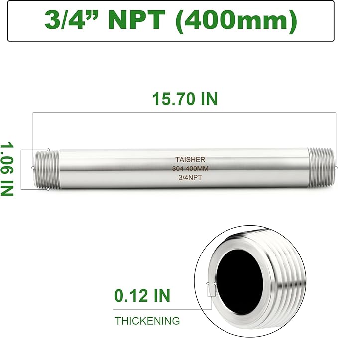 TAISHER 2PCS Stainless Steel Pipe Fittings, 3/4" NPT Male x 3/4" NPT Male Threaded, 16" Length Thickened Nipple Cast Pipe