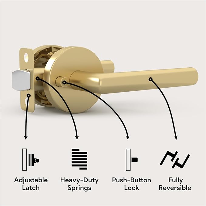Mega Handles Ronn Privacy Lever & Lock Door Handle Set for Hallway, Closet and Bathroom, Keyless Lock, Heavy Duty Door Levers, Fits All Standard Door Sizes, Screws Included - Satin Brass (1 Pack)
