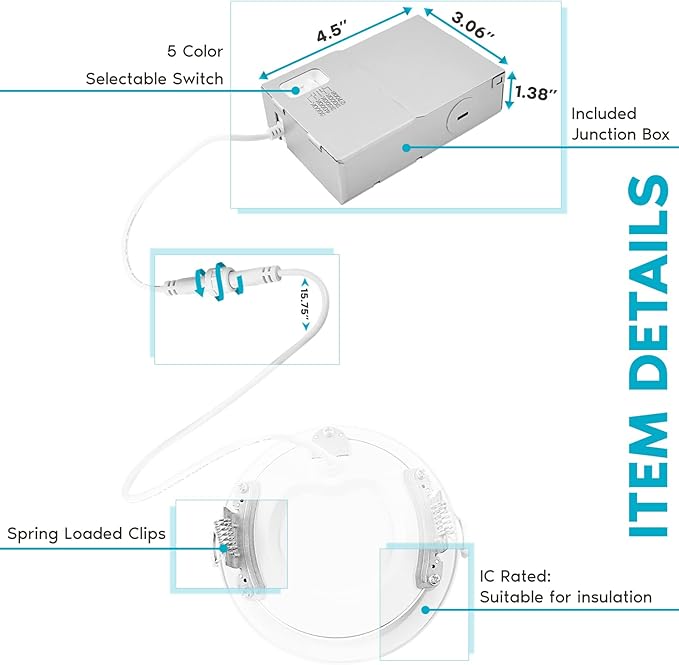 LUXRITE 4 Inch Ultra Thin LED Recessed Lighting, 10.5W, 5 Color Selectable 2700K | 3000K | 3500K | 4000K | 5000K, CRI 90, 750 Lumens, Dimmable LED Wafer Lights, Wet Rated, Baffle Trim (6 Pack)