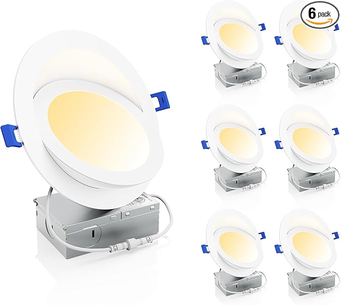 Ensenior 6 Pack 6 inch LED Eyeball Recessed Lighting, 360°+90° Rotatable and 2700K-5000K Selectable, Dimmable Gimbal Recessed Lights, Canless Angled Adjustable Ceiling Downlight, 1300LM, 13W=115W-FCC