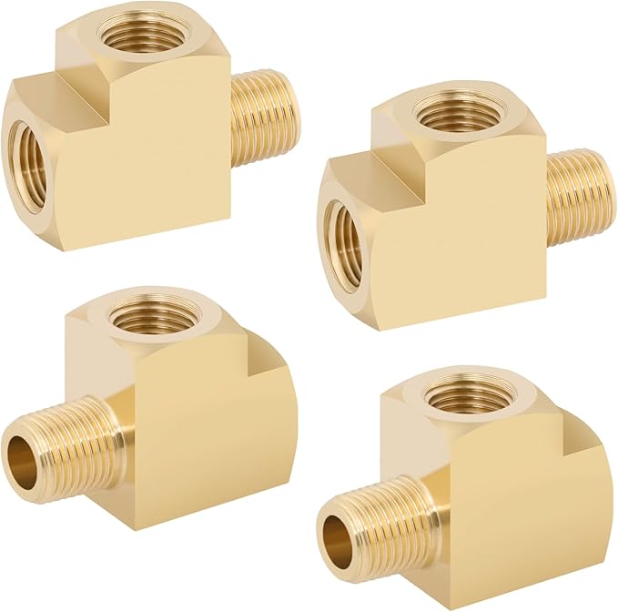 KOOTANS 4 Pack Brass Tee Fittings 1/8" NPT Female to 1/8" NPT Female to 1/8" NPT Male Barstock Street Tee Fittings 3 Way Brass Pipe Fitting
