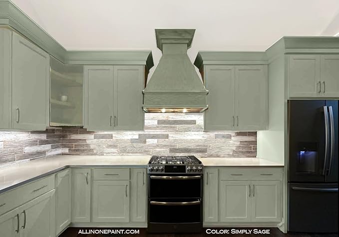 ALL-IN-ONE Paint, Durable cabinet and furniture paint. Built in primer and top coat, no sanding needed. Includes our 30 featured color card - Simply Sage (gray green), Quart